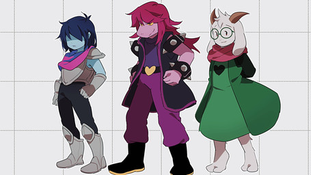 ambiguous_gender anthro armor blue_hair clothing eyewear female floppy_ears fur glasses group hair horn long_hair male pink_hair robe trio white_body white_fur 365mimimi deltarune undertale_(series) kris_dreemurr ralsei susie_(deltarune) bovid caprine goat human mammal scalie hi_res