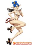 bikini blue_hair breasts clothing eyelashes feathered_wings feathers female footwear front_view grey_body grey_feathers hair hand_on_hip humanoid_pointy_ears navel nipple_outline pointy_ears rosy_cheeks sandals shoes short_hair simple_background small_breasts smile solo swimwear tan_body tan_skin thick_thighs two-piece_swimsuit white_background white_bikini white_clothing white_swimwear wide_hips wings yellow_eyes reit atlus megami_tensei sega amanozako_(megami_tensei) humanoid winged_humanoid hi_res