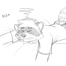 anthro clothed clothing eyes_closed front_view hair hat headgear headwear inner_ear_fluff lying male mouth_closed on_front shirt short_hair simple_background solo t-shirt topwear tuft unsigned whiskers pache_riggs mammal procyonid raccoon 1:1 hi_res monochrome sketch