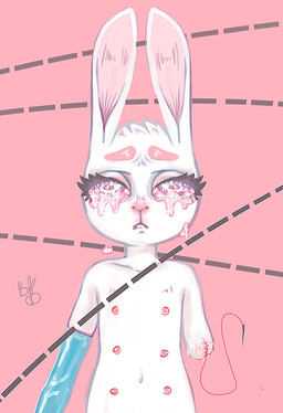 amputee anthro areola bodily_fluids breasts disability female flat_chested fur looking_at_viewer multi_nipple navel nipples simple_background solo tears teats teeth young young_anthro bukibun lagomorph leporid mammal rabbit