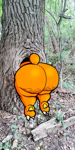 ambiguous_gender anthro big_butt butt cellulite claws fur nude_anthro orange_body orange_fur outside photo_background plant solo stuck tail toe_claws tree hyenakenisis nintendo pokemon generation_2_pokemon pokemon_(species) teddiursa 2025 hi_res photography_(artwork)