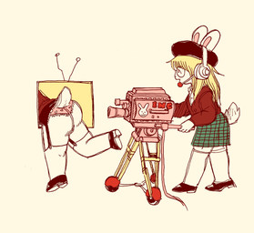 ambiguous_gender antenna_wire anthro beret bottomwear butt butt_focus cable camera cardigan clothing duo electronics female garter_straps hat headgear headphones headset headwear heart_clothing heart_panties heart_symbol heart_underwear initials microphone panties raised_leg recording scut_tail short_tail simple_background skirt smile tail television underwear white_ears bonnie_guerra lagomorph leporid mammal rabbit hi_res