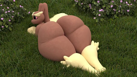 ambiguous_gender anthro big_butt brown_body brown_fur butt fur grass huge_butt looking_back lying on_front outside pink_eyes plant scut_tail shaking_butt short_tail solo tail koreyvee nintendo pokemon generation_4_pokemon lopunny pokemon_(species) 3d_(artwork) 3d_animation animated digital_media_(artwork) no_sound short_playtime webm