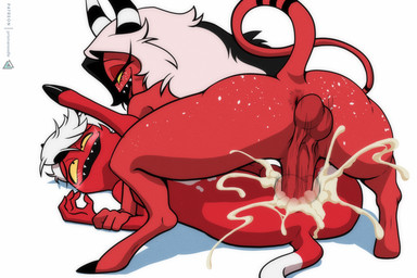 ahegao anal anal_penetration anthro balls blush bodily_fluids boss butt cum cum_inside cumshot duo ejaculation erection excessive_cum excessive_genital_fluids freckles genital_fluids genitals gynomorph hair horn humanoid_genitalia intersex intersex/male looking_pleasured male male/male male_penetrated male_penetrating male_penetrating_male nude open_mouth orgasm penetration penile penile_penetration penis penis_in_ass red_body rough_sex sex simple_background smile tail teeth tongue prismanoodle hellaverse helluva_boss fan_character terry_(prismanoodle) demon imp 3:2 hi_res nonbinary_(lore)