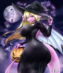 anthro blonde_hair butt candy candy_bucket clothing dessert female food hair hat headgear headwear holidays looking_at_viewer magic_user moon solo tail wand wings witch witch_costume witch_hat laladeei halloween mythology lily_(lily960) dragon mythological_creature mythological_scalie scalie hi_res tagme