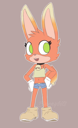 adolescent anthro bell bell_collar biped black_collar bottomwear cheek_tuft chibi clothing collar countershading crop_top eyelashes facial_tuft female footwear fur gloves gradient_fur green_eyes hair hands_on_hips handwear hotpants long_ears midriff navel open_mouth orange_body orange_fur orange_hair pink_nose shirt shoes short_hair shorts solo standing teeth topwear tuft white_clothing white_gloves white_handwear yellow_body yellow_fur young young_anthro young_female bunnybits conditional_dnp amelie_(bunnybits) lagomorph leporid mammal rabbit 2017 absurd_res digital_media_(artwork) hi_res signature