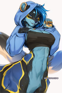 abs anthro big_breasts biped breasts claws clothed clothed_anthro clothed_female clothing facial_piercing female fingers front_view fur furgonomic_piercing furgonomics hair handpaw looking_at_viewer muzzle_piercing navel nipple_outline nose_piercing paws piercing small_waist smile solo standing tail teeth wide_hips shermugi mythology_(character) felid feline mammal 2026 absurd_res digital_drawing_(artwork) digital_media_(artwork) hi_res