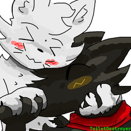 anthro black_body black_fur blush duo eyes_closed fur hand_holding holding_head holding_hip male male/male nuzzling scarf simple_background white_background toiletdestroyer casualties:_unknown silly_cat_(mauzymice) canid canine expie_(gunsawian) felid feline gunsawian mammal