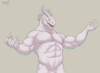 abs anthro blue_eyes claws finger_claws front_view genitals grey_background horn male male_anthro muscular muscular_anthro muscular_male open_mouth pecs penis penis_base pink_body pink_horn sharp_teeth simple_background solo standing teeth aduran scalie 2023 dated half-length_portrait hi_res portrait signature