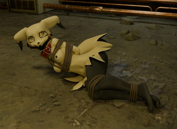 ankles_tied anthro arms_tied ball_gag basement bdsm bondage bound breasts collar female gag gagged hands_behind_back kidnapping legs_tied looking_up lying on_side restraints rope rope_bondage scared solo heartbrkrskully warfaremachine_(modeler) nintendo pokemon mimi_(sealer4258) demon generation_7_pokemon ghost humanoid mimikyu pokemon_(species) spirit 3d_(artwork) digital_media_(artwork) hi_res