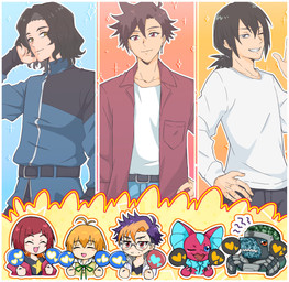angry anthro armor blue_body blue_scales female fighting_over_boy group headgear helmet humor jealous male one_eye_closed pink_body pink_scales rating_card scales wink 74m6dg bandai_namco digimon digimon_beatbreak asuka_tenma haruomi_sone kyo_sawashiro makoto_kuonji reina_sakuya tomoro_tenma commandramon digimon_(species) elizamon human mammal scalie absurd_res hi_res