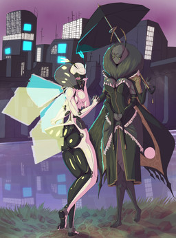 alternative_fashion antennae_(anatomy) anthro armwear arthropod_abdomen barefoot big_breasts black_sclera blush breasts city city_background cleavage clothed clothing corset duo featureless_breasts feet female goth grey_body hand_holding hand_on_head hands_behind_back hologram larger_female lingerie machine multi_limb neck_tuft non-mammal_breasts size_difference topwear translucent translucent_wings tuft umbrella white_body wings yellow_eyes permaclot android arthropod insect lepidopteran moth robot hi_res shaded