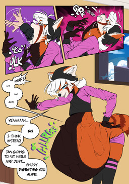 anthro beanie belly big_belly black_beanie black_clothing black_hat black_headwear blue_eyes bodily_fluids bottomwear calling_for_release clothing crop_top digestion_noises duo fatal_vore femboy hair hand_on_hip hat headgear headwear huge_belly imminent_death imminent_digestion leaning_on_wall legwear male oral_vore pink_bottomwear pink_clothing pink_shorts saliva shirt shorts swallowing swallowing_sound_effect teasing text thigh_highs topwear vore white_hair tsavo breb_(tsavo) ailurid human mammal red_panda comic english_text hi_res