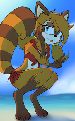 4_toes 5_fingers aged_up anthro bikini bikini_bottom bikini_top blep blue_eyes brown_body brown_fur clothing feet female fingers fur orange_body orange_fur pigtails red_bikini red_clothing red_swimwear smug smug_expression smug_face solo swimwear teasing toes tongue tongue_out two-piece_swimsuit caramelfox sega sonic_the_hedgehog_(series) marine_the_raccoon 5:8 absurd_res hi_res
