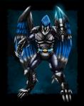 anthro armor beak biped black_body black_border black_feathers blue_background blue_body blue_feathers bodysuit border claws clothing feathers futuristic male multicolored_body multicolored_feathers simple_background skinsuit solo standing tight_clothing toe_claws white_body white_feathers john_fell accipitrid accipitriform avian bird hi_res