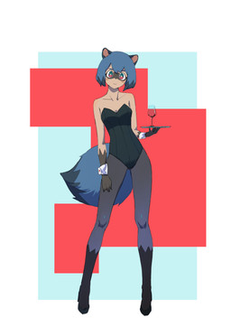 anthro blue_body blue_eyes blue_hair breasts brown_body brown_fur clothed clothing cuff_links female fluffy fluffy_tail fur hair holding_object looking_at_viewer short_hair smile solo standing tail tray ningmeng_pi brand_new_animal studio_trigger michiru_kagemori canid canine mammal raccoon_dog tanuki absurd_res full-length_portrait hi_res portrait