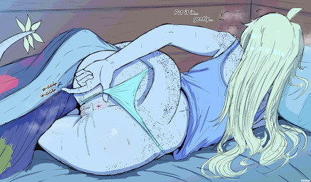 5_fingers anthro anus beckoning bed blonde_hair blue_clothing blue_crop_top blue_panties blue_shirt blue_topwear blue_underwear bodily_fluids butt clothing clothing_aside crop_top dialogue female fingers freckled_back freckled_butt freckled_hips freckled_shoulders freckled_tail freckles furniture genital_fluids genitals gesture glistening glistening_body glistening_butt glistening_scales grey_body grey_scales hair imminent_sex long_tail lying motion_lines on_bed on_side panties panties_aside plump_labia presenting presenting_anus presenting_hindquarters presenting_vulva pubes scales shirt solo sweat sweatdrop tail tail_tuft text topwear tuft underwear underwear_aside vaginal_fluids vulva yeik_art cavemanon_studios snoot_game judee dinosaur prehistoric_species reptile saurischian scalie theropod troodon troodontid 2025 artist_name digital_drawing_(artwork) digital_media_(artwork) english_text hi_res watermark