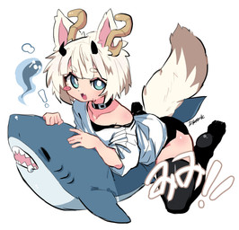 ambiguous_gender antlers blush bodily_fluids clothing collar exclamation_point horn legwear off_shouler solo sweat sweatdrop text thigh_highs tarashi ikea blahaj ghost humanoid spirit absurd_res hi_res japanese_text translated