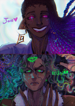 3_eyes blush box_braids clothed clothing dark_body dark_skin dialogue duo ear_piercing ear_ring female freckles frown glowing glowing_eyes gradient_hair green_eyes hair humanoid_pointy_ears lips long_hair male male/female multi_eye not_furry piercing pointy_ears ring_piercing sharp_teeth shirt simple_background smile spiral spiral_eyes spiral_markings teeth the_distortion_(tma) toothy_grin topwear blackberreh the_magnus_archives beholding_(tma) helen_richardson jonathan_sims avatar_(tma) entity_(tma) human humanoid mammal spiral_(tma) absurd_res comic digital_media_(artwork) hi_res
