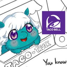 advertisement ambiguous_feral ambiguous_gender blue_body blue_fur blush blush_lines chibi dialogue feral fur hair happy hooves logo open_mouth open_smile purple_eyes smile solo text toy_car white_hair white_hooves young young_ambiguous young_feral yellowcottoncandy030 fluffy_pony taco_bell fluffy_pony_(species) mammal 1:1 2025 digital_media_(artwork) english_text hi_res