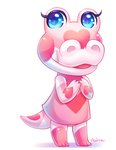 anthro blue_eyes clothing fangs female pink_body pink_scales scales shirt simple_background solo teeth topwear white_background nevirra animal_crossing nintendo gayle_(animal_crossing) alligator alligatorid crocodilian reptile scalie hi_res