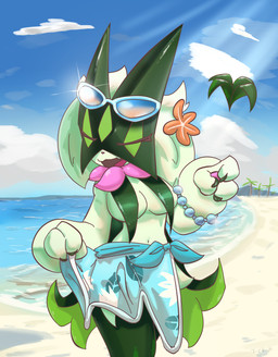 3_fingers accessory anthro beach blue_sarong bracelet breast_curtains breasts claws cloud eyes_closed eyewear eyewear_on_head female finger_claws fingers flower flower_(anatomy) flower_accessory flower_in_hair fur green_body green_fur hair hair_accessory holowear_(pokemon) jewelry mask medium_breasts open_mouth orange_flower palm_tree pink_nose plant pokemorph sand sarong sky solo sunglasses sunglasses_on_head tree water white_eyewear white_sunglasses klydewitakay nintendo pokemon pokemon_unite beach_style_meowscarada generation_9_pokemon meowscarada pokemon_(species) absurd_res hi_res