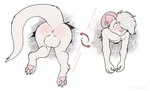 albino anthro anus backsack balls big_balls blush butt claws exposed feet fur genitals hair hair_over_eye hindpaw horn long_hair male one_eye_obstructed pawpads paws pink_nose pink_pawpads raised_tail red_eyes simple_background solo tail tail_anus through_wall wall_(structure) white_body white_fur fuzzikayu geary domestic_ferret mammal mustelid musteline true_musteline weasel hi_res