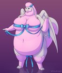 3_toes 5_fingers anthro belly big_belly big_breasts blue_eyes breasts claws clothing feet female fingers fur hair huge_belly huge_breasts looking_at_viewer membrane_(anatomy) membranous_wings navel obese obese_female overweight overweight_female pink_body pink_fur pink_hair ribbon_clothing ribbons simple_background solo standing suggestive tail thick_arms thick_tail thick_thighs tight_clothing toes undressing_self white_body white_fur wings white-dragon mythology dragon furred_dragon furred_scalie mythological_creature mythological_scalie scalie 2024 cel_shading full-length_portrait hi_res portrait shaded signature