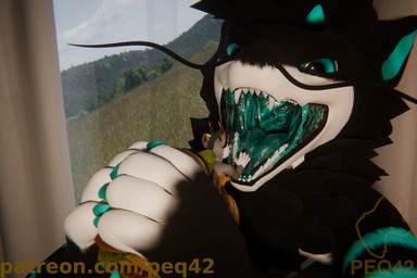 anthro black_body black_fur blue_insides bodily_fluids curtains detailed_background duo fur imminent_vore male male/male open_mouth oral_vore questionable_consent saliva saliva_string size_difference teeth vore peq42 peq_(peq42) felid feline mammal mayu_(azuki) regalfin 3d_(artwork) digital_media_(artwork)