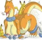 after_sex ambiguous_gender anthro bdsm big_breasts big_butt big_tail bodily_fluids bondage bound breasts butt charizard collar cum cum_inflation cum_inside dragon drooling excessive_cum excessive_genital_fluids female generation_1_pokemon genital_fluids group hanging_breasts heart_symbol huge_breasts huge_butt inflation l1zardman looking_pleasured mammal mythological_creature mythological_scalie mythology nintendo nipple_piercing nipples piercing pikachu pokemon pokemon_(species) questionable_consent red_eyes rodent saliva scalie semi-anthro simple_background size_difference slightly_chubby tail tongue tongue_out weights