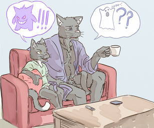 age_difference animal_genitalia animal_penis anthro balls bathrobe beverage black_body black_fur blue_eyes bottomless casual_nudity clothed clothing coffee container countershading cup dipstick_tail duo exclamation_point fur furniture genitals green_clothing green_shirt green_topwear holding_container holding_cup holding_object male male/male markings multicolored_tail penis purple_clothing question_mark robe sheath shirt simple_background sitting sofa tail tail_markings tired topwear whiskers white_body white_countershading yellow_eyes young young_anthro young_male lavilovi nintendo pokemon evan_(lavilovi) domestic_cat felid feline felis generation_1_pokemon gengar ghost mammal pokemon_(species) spirit 6:5 digital_media_(artwork) father_(lore) father_and_child_(lore) father_and_son_(lore) parent_(lore) parent_and_child_(lore) parent_and_son_(lore) son_(lore)