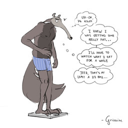anthro bathroom_scale clothing male simple_background solo standing text thinking thought_bubble underwear white_background grivaire grivaire_(character) anteater mammal pilosan xenarthran 1:1 absurd_res comic english_text hi_res