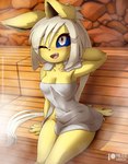 anthro biped blush breasts eyelashes female fur hair one_eye_closed open_mouth pupils sauna sitting towel towel_only yellow_body yellow_fur rilex_lenov nintendo pokemon elaine_(rilex_lenov) eeveelution generation_1_pokemon jolteon pokemon_(species) hi_res