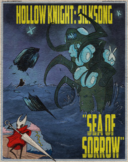 2_horns ambiguous_gender anthro biped black_eyes blue_eyes cloak clothing cloud duo empty_eyes feral holding_melee_weapon holding_object holding_weapon horn hornet's_needle lifeblood melee_weapon open_mouth partially_submerged red_cloak red_clothing sea sky standing text water weapon yellow_text quetzalagosto hollow_knight:_silksong hollow_knight_(franchise) team_cherry hornet_(hollow_knight) arthropod monster 2025 english_text hi_res