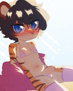 anthro bikini black_hair blue_background blue_eyes blush chest_tuft clothed clothing countershade_arms countershade_face countershade_legs countershade_torso countershading crossdressing eyebrow_through_hair eyebrows foreskin fur furrowed_brow genitals glistening glistening_eyes hair hoodie humanoid_genitalia humanoid_penis legwear light looking_at_viewer male mouth_closed navel open_clothing open_hoodie open_topwear orange_body orange_fur penis penis_poking_out pink_bikini pink_clothing pink_legwear pink_swimwear pink_thigh_highs reclining simple_background solo sparkles striped_body striped_fur stripes swimwear tan_background thigh_highs three-quarter_view topwear translucent translucent_hair tuft two-piece_swimsuit wavy_mouth young young_anthro young_male aoizuri ken_(claralaine) domestic_cat felid feline felis mammal 2022 hi_res portrait shaded three-quarter_portrait