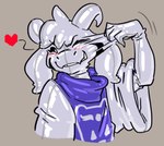 2020 ambiguous_gender anthro asriel_dreemurr_(god_form) banderi biped black_sclera blush boss_monster_(undertale) bovid caprine clothed clothing costume delta_rune_(emblem) digital_drawing_(artwork) digital_media_(artwork) english_text glistening goat grey_background heart_symbol horn latex long_ears mammal markings painted-on_face painted-on_mouth simple_background solo symbol text undertale undertale_(series) white_body