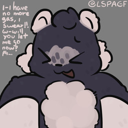 >_< ambiguous_gender anthro carrying_another dialogue discomfort eyes_closed fart fart_fetish fluffy grey_background multicolored_body simple_background solo text two_tone_body lspagf skunk_(lspagf) mammal mephitid skunk 1:1 absurd_res english_text hi_res