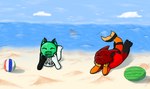 anthro ball beach beach_ball black_body black_fur blue_body duo eyes_closed food freckled_face freckles fruit fur green_body green_fur inflatable male male/male melon neck_tuft plant red_body red_fur tuft water watermelon white_body white_fur anonymous_artist delsum_manokit lesnik_manokit canid canine fish fox hybrid mammal manokit marine shark