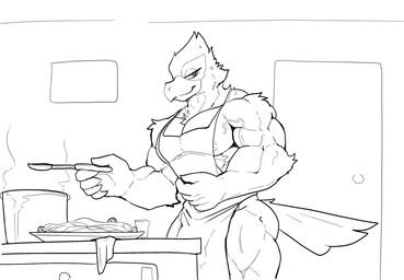 5_fingers anthro apron apron_only beak beak_closed biceps big_muscles big_pecs biped bulge closed_beak closed_smile clothing cooking cooking_pot deltoids detailed_background detailed_bulge door feathers fingers food food_on_plate genital_outline glass holding_object huge_muscles humanoid_hands inside looking_at_viewer male male_anthro mouth_closed muscular muscular_anthro muscular_arms muscular_male muscular_thighs narrowed_eyes nipples non-mammal_nipples pecs penis_outline plate quads smile smiling_at_viewer solo standing tail tail_feathers three-quarter_view trapezius triceps vein veiny_muscles wall_(structure) majestictweive nintendo star_fox falco_lombardi avian bird black_and_white digital_drawing_(artwork) digital_media_(artwork) hi_res line_art monochrome portrait three-quarter_portrait