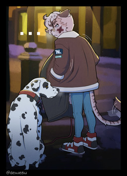 anthro bandage bandage_on_face big_breasts breasts clothed clothing dipstick_tail duo ellipsis eyebrows female feral floppy_ears hair huge_breasts hyper hyper_breasts markings tail tail_markings young young_anthro young_female dewebu luka_belyakov mayor_(dewebu) canid canine canis dalmatian domestic_dog felid mammal pantherine tiger absurd_res hi_res busty_boy_(lore)