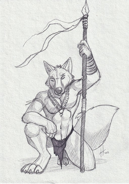 anthro athletic athletic_anthro athletic_male bottomwear cheek_tuft claws clothed clothing facial_tuft front_view head_tuft holding_melee_weapon holding_object holding_polearm holding_spear holding_weapon jewelry kneeling loincloth male male_anthro melee_weapon mouth_closed navel necklace polearm solo spear tail toe_claws topless tuft weapon hufnaar canid canine mammal absurd_res hi_res monochrome sketch