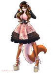 2018 anthro black_clothing black_dress black_hat black_headwear brown_body brown_fur brown_hair canid canine canis clothing dated digital_media_(artwork) domestic_dog dress eyelashes female floppy_ears footwear front_view full-length_portrait fur glistening glistening_eyes hair hat headgear headwear hi_res high_heels lips long_hair looking_at_viewer mammal pink_clothing pink_dress pink_lips portrait purple_eyes shoes signature solo standing thick_lips tiggybloom white_body white_fur