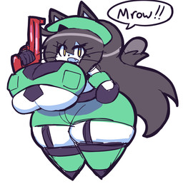 accessory anthro big_breasts black_hair boots bottomwear breasts chibi clothed clothing curvy_figure cute_fangs fangs female footwear garter gun hair handgun holding_gun holding_object holding_ranged_weapon holding_weapon huge_breasts huge_hips huge_thighs hyper hyper_breasts hyper_hips hyper_thighs legwear long_hair meow open_mouth ponytail ranged_weapon shoes short_stack shorts solo speech_bubble tail teeth text thick_thighs thigh_boots thigh_highs under_boob voluptuous voluptuous_anthro voluptuous_female weapon whiskers wide_hips yellow_eyes gensin cyatty_(gensin) domestic_cat felid feline felis mammal english_text hi_res