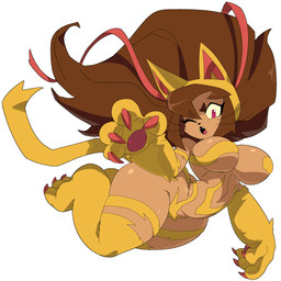 anthro big_breasts big_butt breasts brown_hair butt claws cosplay crossover_cosplay female fur hair huge_butt long_hair looking_at_viewer one_eye_closed pawpads simple_background solo tail thick_thighs whiskers white_background wide_hips yellow_body yellow_fur cyberlord1109 capcom darkstalkers gameoverse glitch_productions felicia_(darkstalkers) kit_bodega domestic_cat felid feline felis mammal crossover hi_res