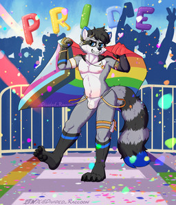 anthro biped bulge clothed clothing detailed_bulge fur genital_outline hair lgbt_pride male male_anthro markings nipples penis_outline pride_color_flag pride_colors rainbow_pride_colors rainbow_symbol solo tail text underwear divided-raccoon lgbt_pride_month mavvy_(divided-raccoon) mammal procyonid raccoon artist_name digital_drawing_(artwork) digital_media_(artwork) hi_res