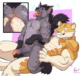 4_toes 5_fingers anal anal_penetration anthro anthro_on_anthro anthro_on_bottom anthro_on_top anthro_penetrated anthro_penetrating anthro_penetrating_anthro anthrofied areola balls biped black_body black_claws black_eyebrows black_fur black_nose black_tail bodily_fluids breath butt cheek_tuft chest_tuft claws cutaway dripping drooling duo ear_piercing ear_ring erection eyebrows eyes_closed facial_tuft fangs feet finger_claws fingers fur genital_fluids genitals glans gloves_(marking) green_eyes grey_balls grey_body grey_fur grey_penis half-closed_eyes hand_on_another's_leg hand_on_another's_thigh hand_on_leg hand_on_own_penis hand_on_penis hand_on_thigh humanoid_genitalia humanoid_penis inner_ear_fluff leg_markings looking_pleasured lying male male/male male_on_bottom male_on_top male_penetrated male_penetrating male_penetrating_male markings masturbating_while_penetrated masturbation mismatched_genitalia mismatched_humanoid_penis mismatched_penis multicolored_body multicolored_fur multicolored_penis muscular muscular_anthro muscular_male narrowed_eyes navel nipple_piercing nipple_ring nipples nude nude_anthro nude_male on_back on_bottom on_top open_mouth orange_body orange_eyebrows orange_fur penetration penile penile_masturbation penile_penetration penis penis_in_ass piercing pink_areola pink_glans pink_nipples pink_nose pink_penis precum precum_drip purple_background reverse_cowgirl_position ring_piercing saliva sex simple_background socks_(marking) sweat sweaty_balls sweaty_body sweaty_butt sweaty_face sweaty_genitalia sweaty_penis tail teeth text toe_claws toes tongue tongue_out tuft two_tone_penis vein veiny_penis white_background white_body white_fur white_inner_ear_fluff white_penis white_tail negy disney the_lion_guard the_lion_king doro_(throttlesboi) janja_(the_lion_guard) felid hyena mammal pantherine spotted_hyena tiger 2026 absurd_res artist_name digital_media_(artwork) hi_res