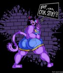 abstract_background anthro barefoot big_butt butt clothed clothing feet female gesture hand_gesture looking_at_viewer looking_back open_mouth overweight overweight_anthro overweight_female purple_background simple_background solo speech_bubble tail teasing teasing_viewer thick_thighs yanisp5 undertale undertale_(series) catty_(undertale) domestic_cat felid feline felis mammal absurd_res colored hi_res line_art shaded