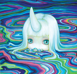 1_horn abstract_background bangs blue_eyes blunt_bangs bubble eyebrows female forehead_horn hair horn not_furry pale_skin partially_submerged psychedelic solo surrealism white_hair white_horn camilla_d'errico horned_humanoid humanoid formal_art