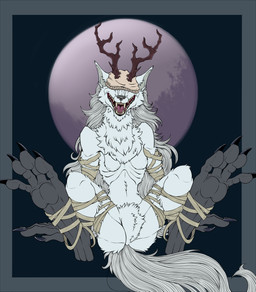 anthro bandage chest_tuft claws crotch_tuft fangs female fur horn moon mostly_nude obscured_eyes open_mouth sitting solo spread_legs spreading tail tail_between_legs teeth toe_claws tongue tuft white_body white_fur marcushunter bloodborne fromsoftware sony_corporation sony_interactive_entertainment vicar_amelia monster 2022 hi_res