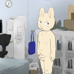 4_fingers anthro balls black_eyes blush buckteeth chair clock clothing erection fingers footwear footwear_only fur furniture genitals inside male mostly_nude mostly_nude_male navel nipples socks socks_only solo teeth white_body white_clothing white_footwear white_fur white_socks young young_anthro young_male nekotanyanneko lagomorph leporid mammal rabbit 1:1 2025 hi_res japanese_description